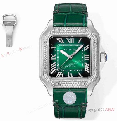 Swiss Copy Cartier Women Santos Green Leather watches THB Miyota-9015